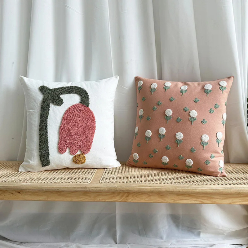 Anypillow Pillowcase Peach Tufted Floral Embroidered Decorative Cushion Cover