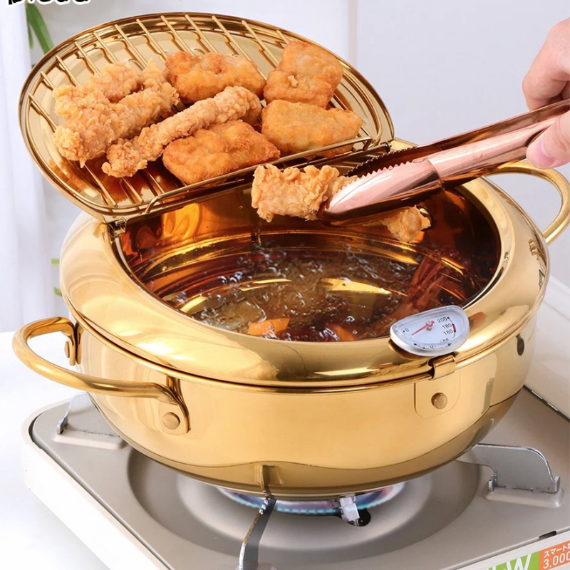 Frying Pan Rose Gold Stainless Steel Thermometer Kitchen Utensils Tempura Fryer Pan Temperature Control Fried Cooking Tools