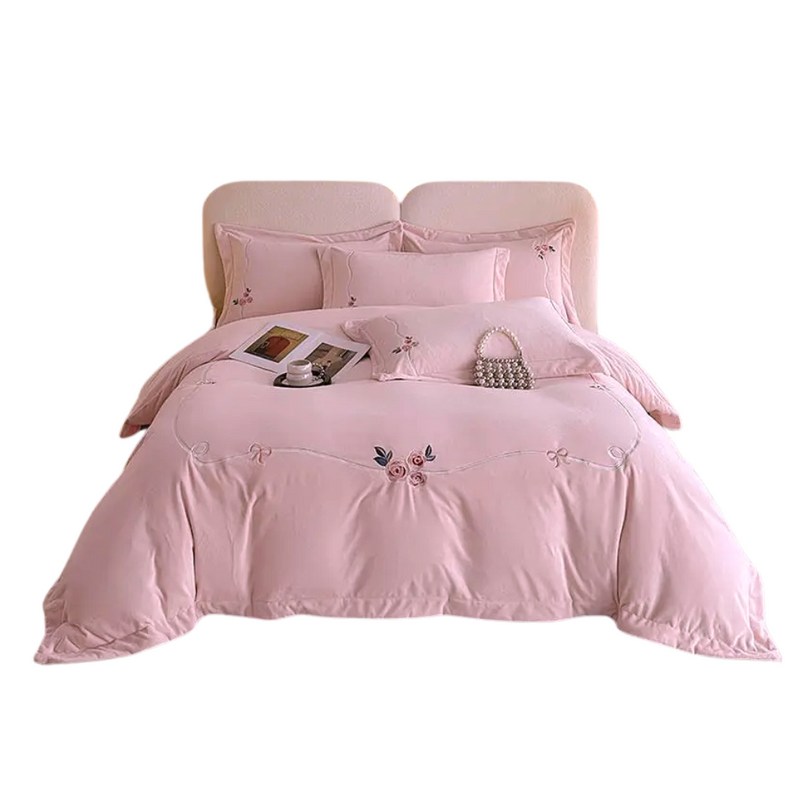 Anycozy Duvet Cover Set Pink Flat Bed Sheet Heavy Fluffy Floral Embroidery Quilt Bedding