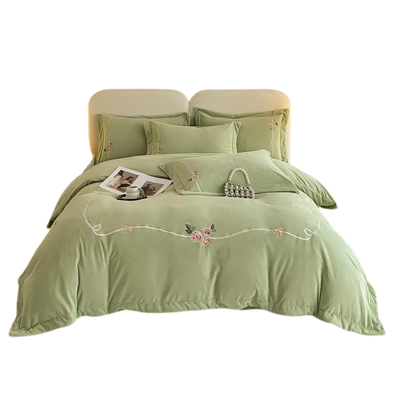 Anycozy Duvet Cover Set Light Green Flat Bed Sheet Soft Heavy Fluffy Floral Embroidery Quilt Bedding