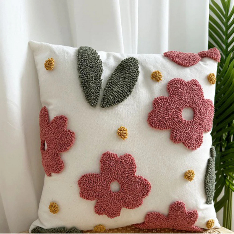 Anypillow Pillowcase White With Pink 3D Tufted Floral Embroidered Decorative Cushion Cover