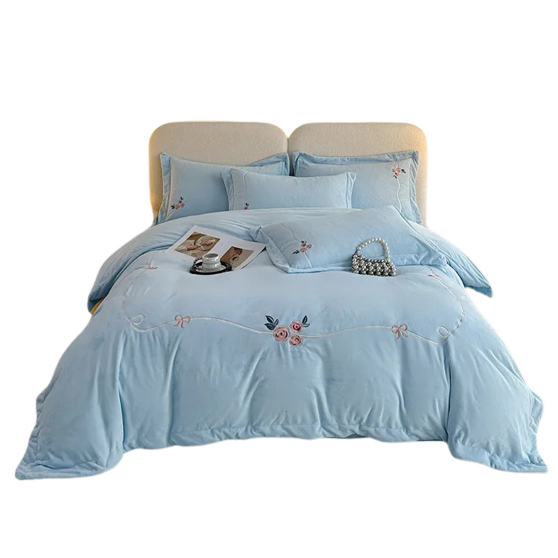 Anycozy Duvet Cover Set Light Blue Flat Bed Sheet Cozy Heavy Fluffy Floral Embroidery Quilt Bedding