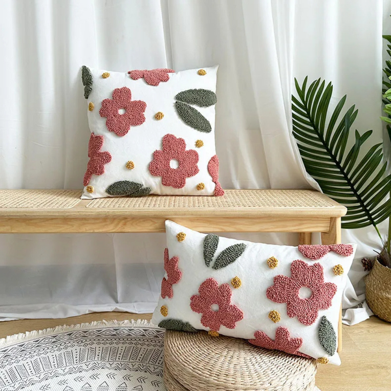 Anypillow Pillowcase White With Pink 3D Tufted Floral Embroidered Decorative Cushion Cover