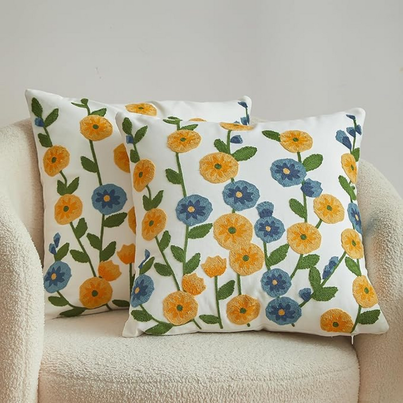 Anypillow Pillowcase White with Yellow Blue Floral Embroidered Decorative Cushion Cover