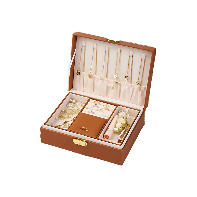 Anyvogue Jewelry Box Brown Large Capacity With Lock Soft Lining Leather Organizer
