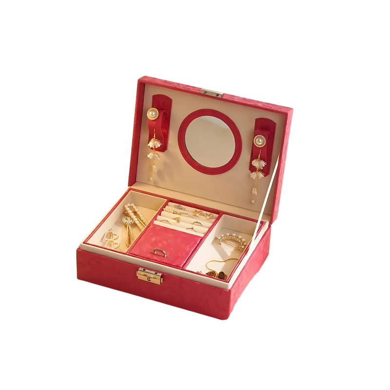 Anyvogue Jewelry Box Rose Red Large Capacity with Lock Soft Lining Leather Organizer