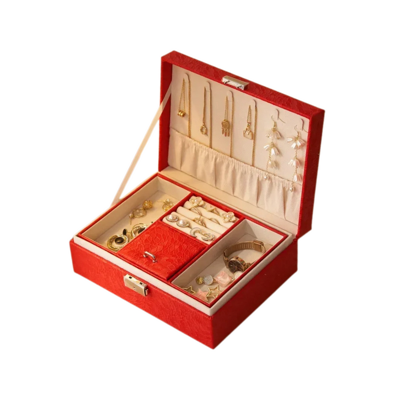 Anyvogue Jewelry Box Red Large Capacity With Lock Soft Lining Leather Organizer