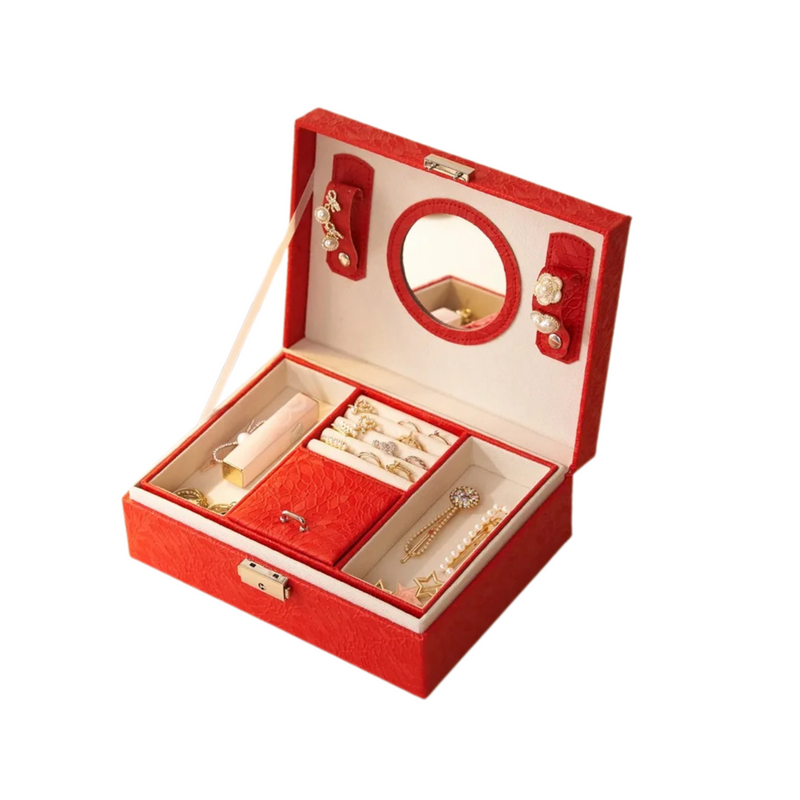 Anyvogue Jewelry Box Red Large Capacity With Lock Soft Lining Leather Organizer