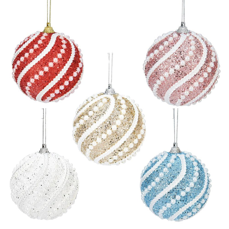 ANYDECO Christmas Ball Glitter Wave White Beads Hanging Holiday Ornament Decorations