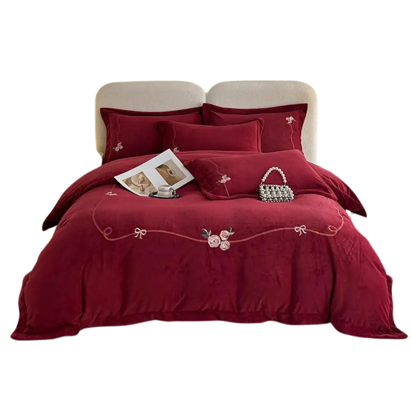 Anycozy Duvet Cover Set Red Flat Bed Sheet Luxury Heavy Fluffy Floral Embroidery Quilt Bedding