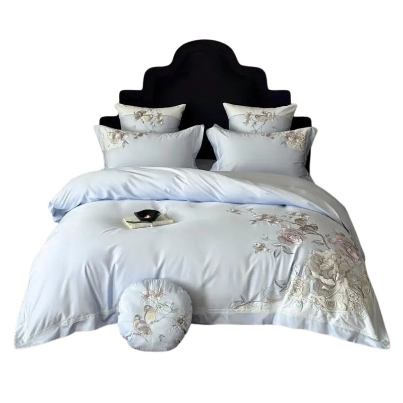 Anycozy Duvet Cover Set Blue Flat Bed Sheet Ultra Soft Egyptian Cotton Embroidery Bedding For Luxurious Feel