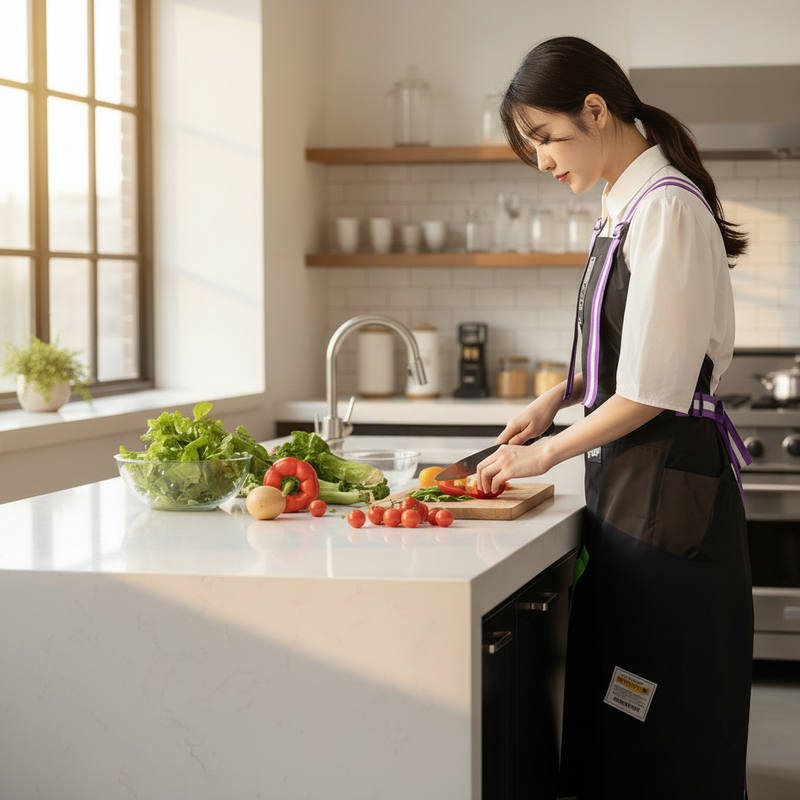 Anypron Waterproof Kitchen Apron – Black with Purple Adjustable Bib with 2 Pockets, Oil‑Resistant
