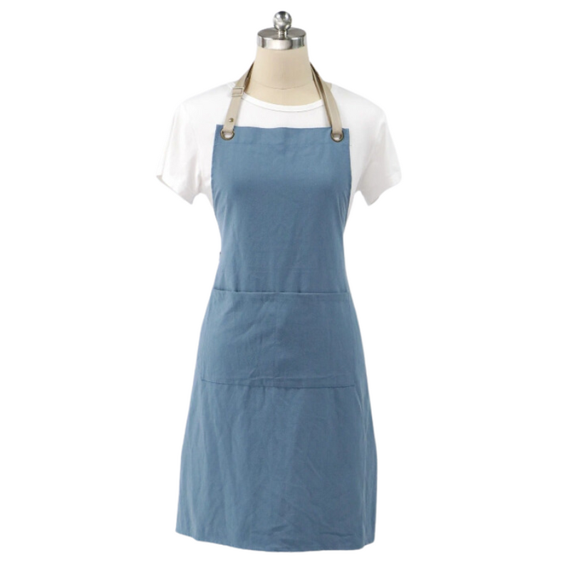 Anypron Blue Cotton Linen Kitchen Apron Adjustable Unisex