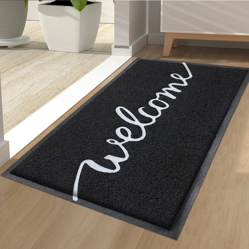 Anymat Doormat Black Welcome Lettered PVC Non Slip Rubber Dirt Trap Washable Mat