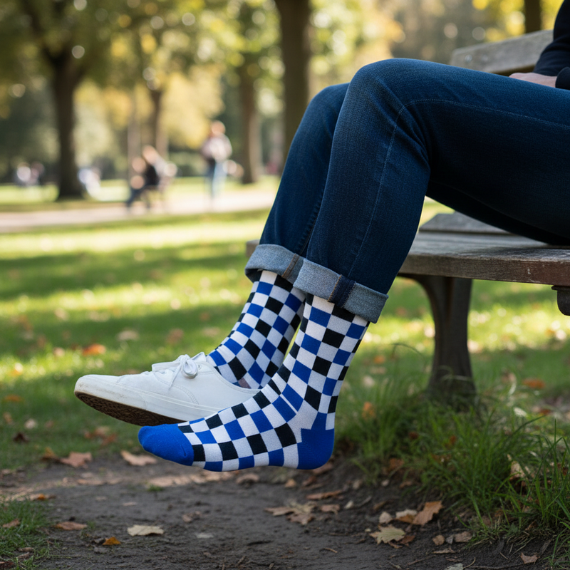 Anyfootwear 5 Pairs Size 5-14 Fashion Socks Novelty Skateboard Squares Black and White Pattern Cotton for Women Blue