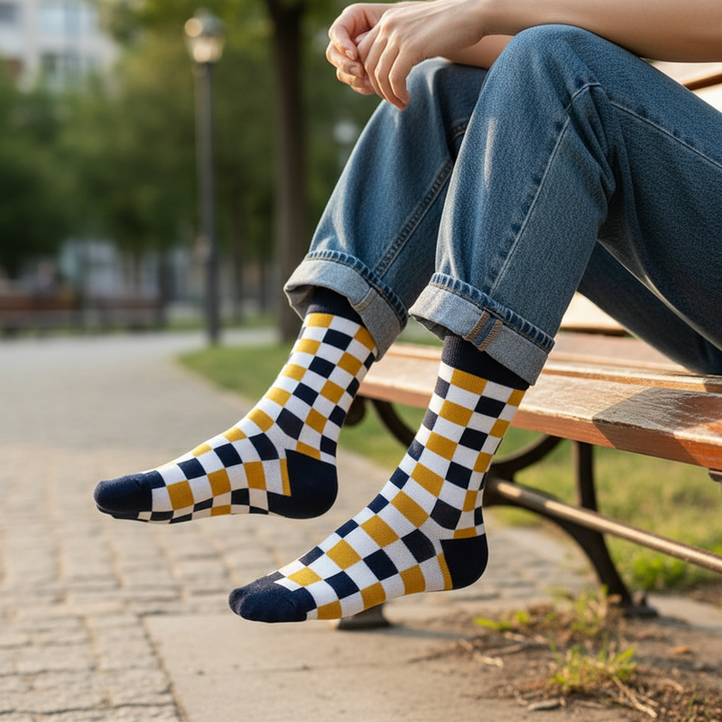 Anyfootwear 5 Pairs Size 5-14 Fashion Socks Novelty Skateboard Squares Blue and White Pattern Cotton for Women Khaki