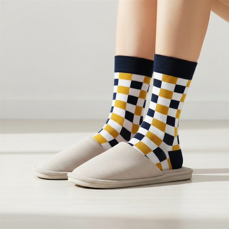 Anyfootwear 5 Pairs Size 5-14 Fashion Socks Novelty Skateboard Squares Blue and White Pattern Cotton for Women Khaki