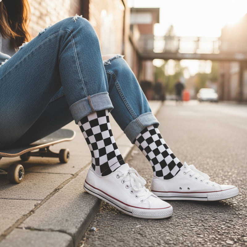 Anyfootwear 5 Pairs Size 5-14 Fashion Socks Novelty Skateboard Squares Black and White Pattern Cotton for Women