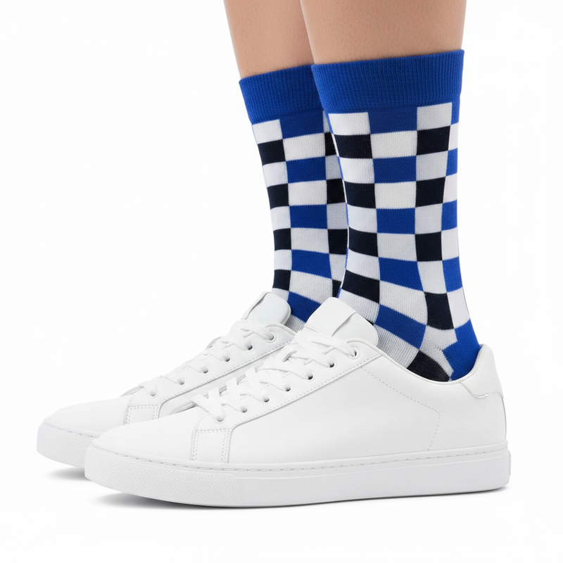 Anyfootwear 5 Pairs Size 5-14 Fashion Socks Novelty Skateboard Squares Blue and White Pattern Cotton for Women Black