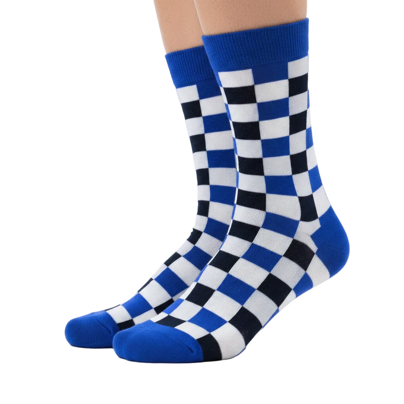 Anyfootwear 5 Pairs Size 5-14 Fashion Socks Novelty Skateboard Squares Blue and White Pattern Cotton for Women Black
