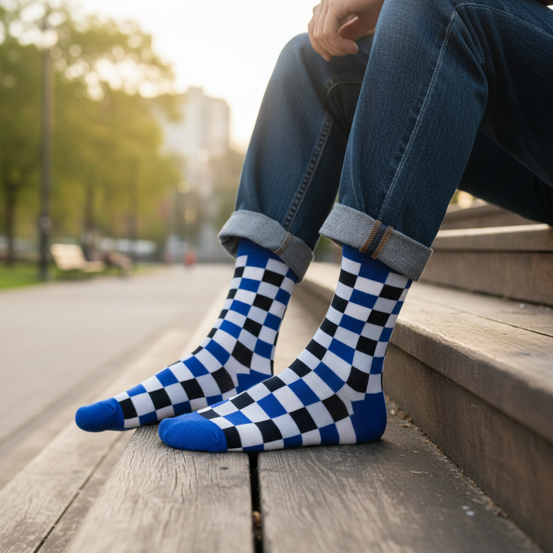 Anyfootwear 5 Pairs Size 5-14 Fashion Socks Novelty Skateboard Squares Blue and White Pattern Cotton for Women Black