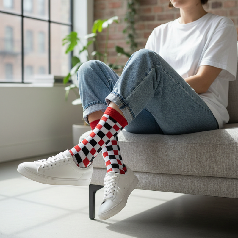 Anyfootwear 5 Pairs Size 5-14 Fashion Socks Novelty Skateboard Squares Black and White Pattern Cotton for Women Red