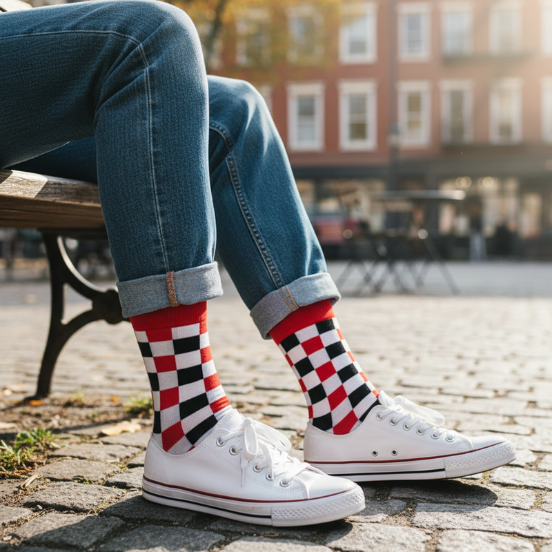 Anyfootwear 5 Pairs Size 5-14 Fashion Socks Novelty Skateboard Squares Black and White Pattern Cotton for Women Red