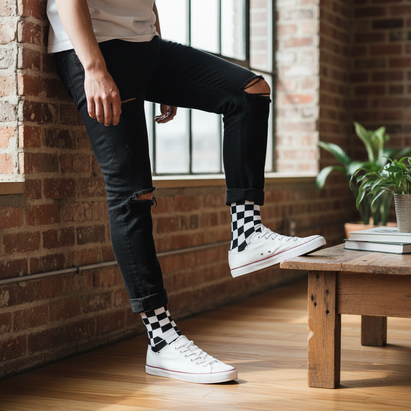 Anyfootwear 5 Pairs Size 5-14 Fashion Socks Novelty Skateboard Squares Black and White Pattern Cotton for Women White