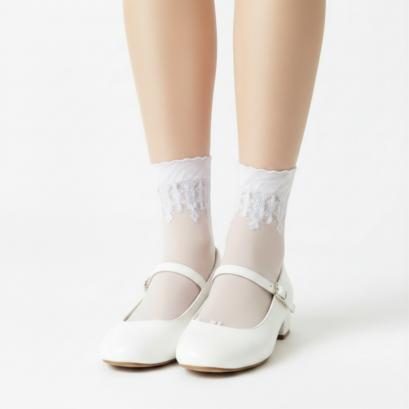 Anyfootwear 5 Pairs Size 5-9 Fashion Socks Summer Lace Embroidery Breathable Silk Transparent Glass Crystal Stretch for Women White