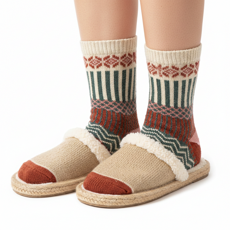 Anyfootwear 5 Pairs Size 5-9 Fashion Socks Colorful Wind-Flowers Cotton Winter Thick Warm Wool Casual for Women White