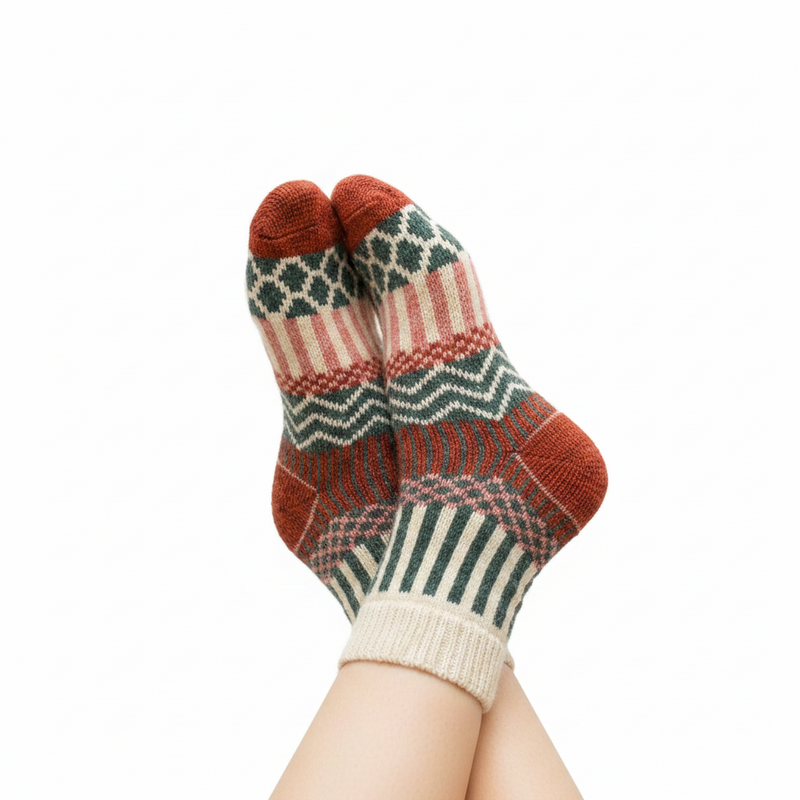 Anyfootwear 5 Pairs Size 5-9 Fashion Socks Colorful Wind-Flowers Cotton Winter Thick Warm Wool Casual for Women White