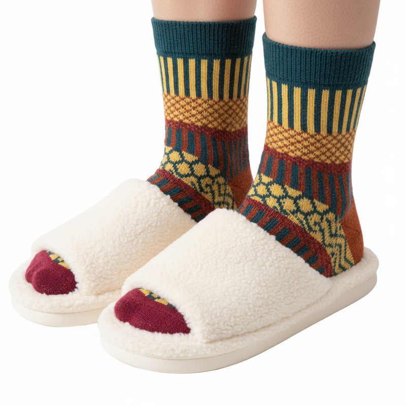 Anyfootwear 5 Pairs Size 5-9 Fashion Socks Colorful Wind-Flowers Cotton Winter Thick Warm Wool Casual for Women Dark Blue