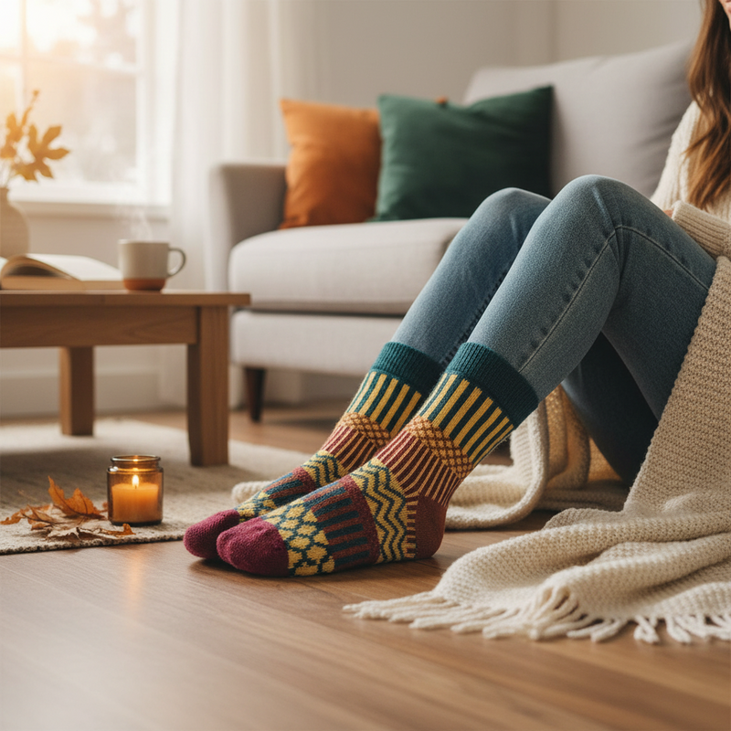 Anyfootwear 5 Pairs Size 5-9 Fashion Socks Colorful Wind-Flowers Cotton Winter Thick Warm Wool Casual for Women Dark Blue