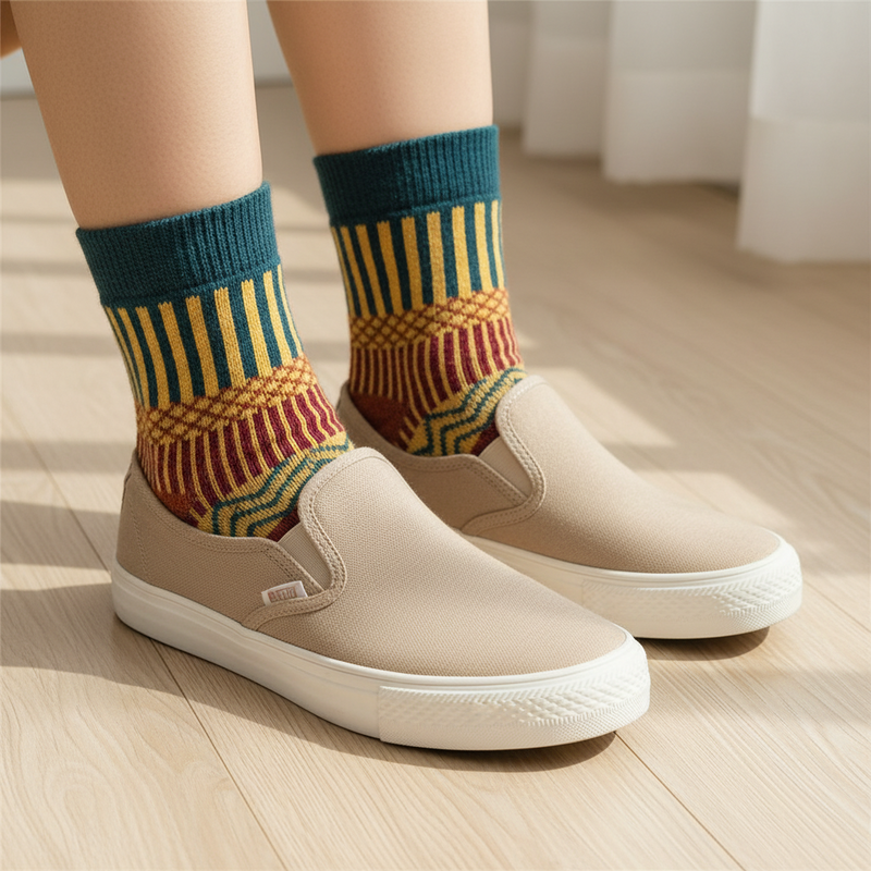 Anyfootwear 5 Pairs Size 5-9 Fashion Socks Colorful Wind-Flowers Cotton Winter Thick Warm Wool Casual for Women Dark Blue