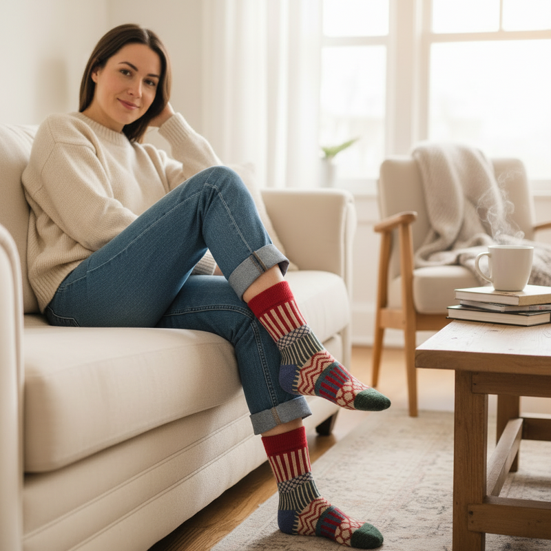 Anyfootwear 5 Pairs Size 5-9 Fashion Socks Colorful Wind-Flowers Cotton Winter Thick Warm Wool Casual for Women Red