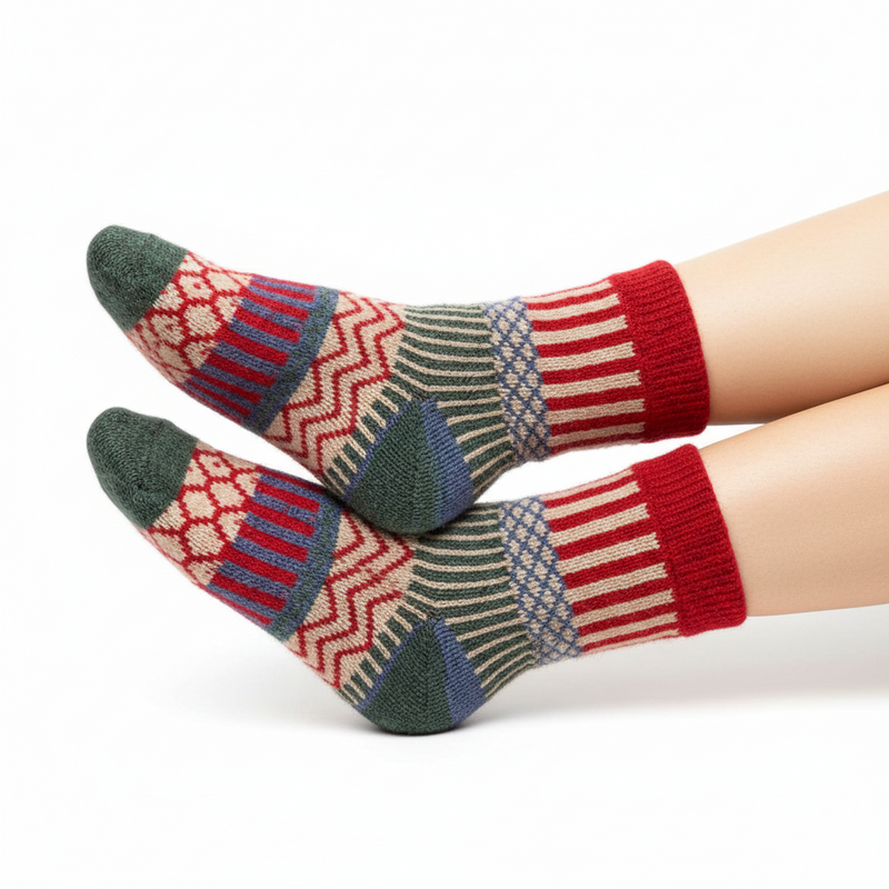 Anyfootwear 5 Pairs Size 5-9 Fashion Socks Colorful Wind-Flowers Cotton Winter Thick Warm Wool Casual for Women Red