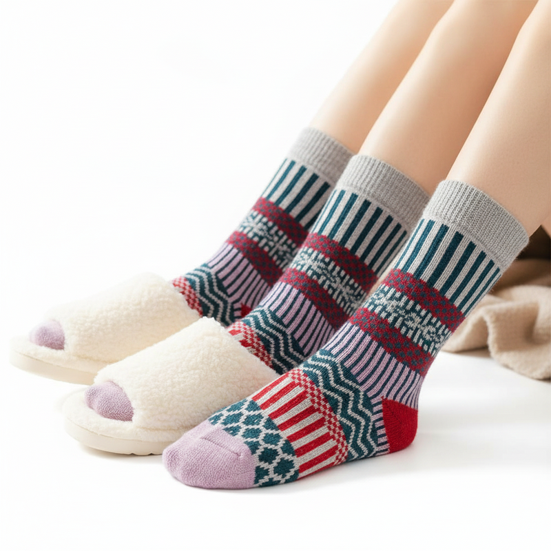 Anyfootwear 5 Pairs Size 5-9 Fashion Socks Colorful Wind-Flowers Cotton Winter Thick Warm Wool Casual for Women Grey