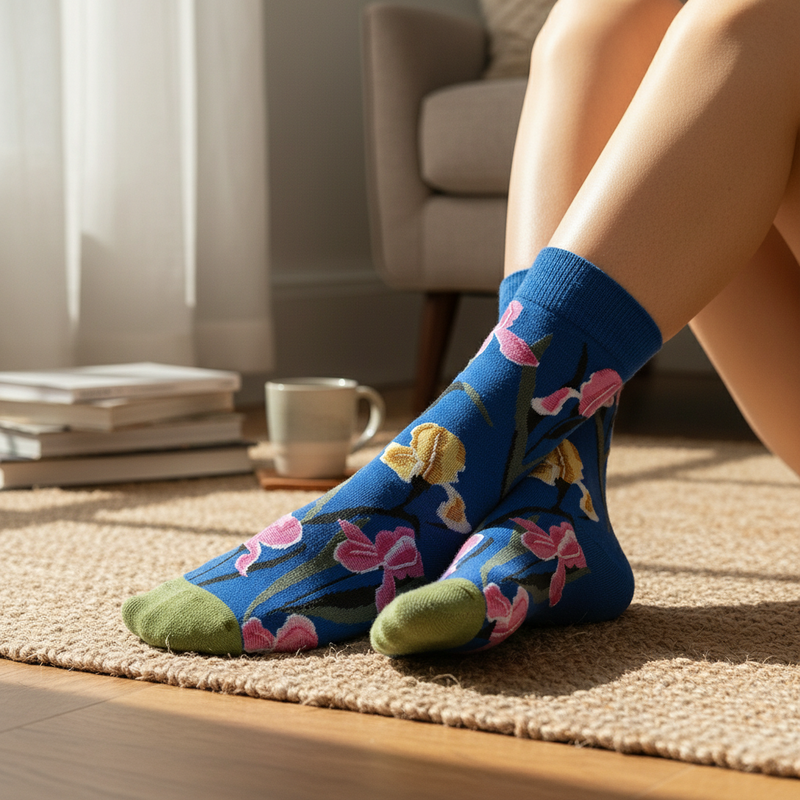 Anyfootwear 5 Pairs Size 5-9 Fashion Socks Combed Cotton Art Abstract Pink Flower Oil Painting Novelty Happy Funny Christmas Gift for Women
