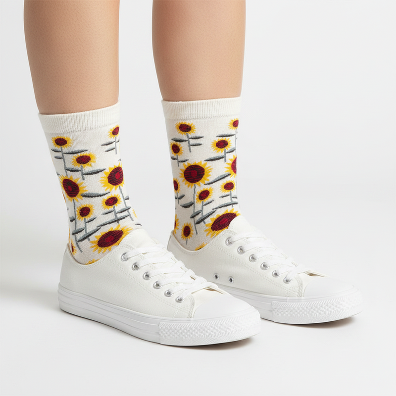 Anyfootwear 5 Pairs Size 5-9 Fashion Socks Combed Cotton Art Abstract Sun Flower Oil Painting Novelty Happy Funny Christmas Gift for Women