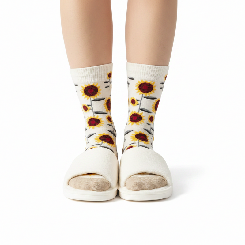 Anyfootwear 5 Pairs Size 5-9 Fashion Socks Combed Cotton Art Abstract Sun Flower Oil Painting Novelty Happy Funny Christmas Gift for Women