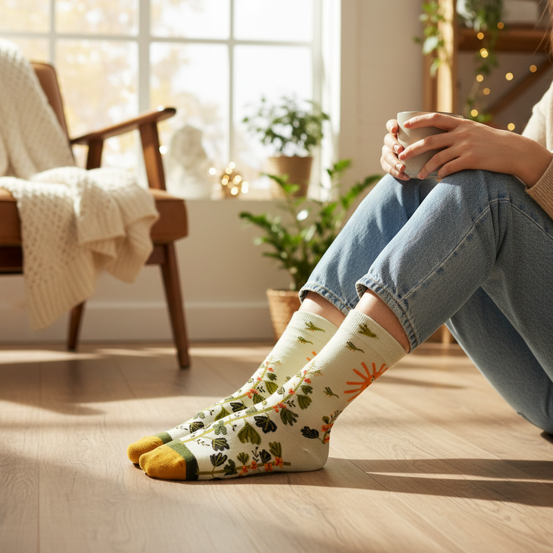 Anyfootwear 5 Pairs Size 5-9 Fashion Socks Combed Cotton Art Abstract Plant Oil Painting Novelty Happy Funny Christmas Gift for Women
