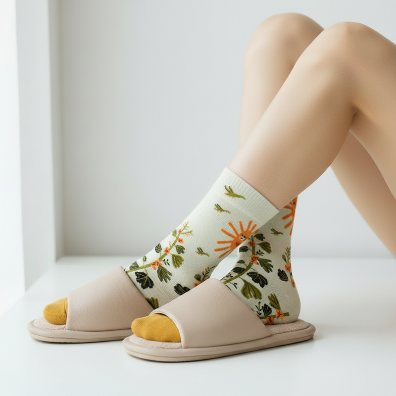 Anyfootwear 5 Pairs Size 5-9 Fashion Socks Combed Cotton Art Abstract Plant Oil Painting Novelty Happy Funny Christmas Gift for Women