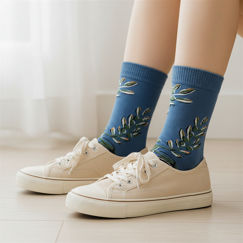 Anyfootwear 5 Pairs Size 5-9 Fashion Long Sock Cartoon Personalized Creative Nature Leaf Print For Men Woman Foot Cold Winter Warm Comfortable Accessories