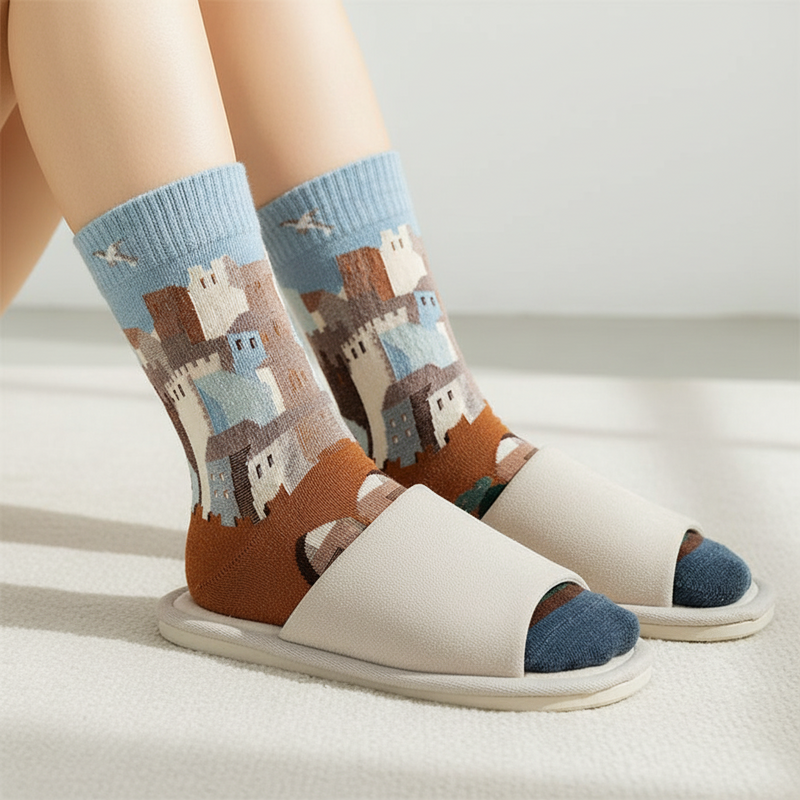 Anyfootwear 5 Pairs Size 5-9 of Fashion Long Sock Cartoon Personalized Creative House Painting For Men Woman Foot Cold Winter Warm Comfortable Accessories