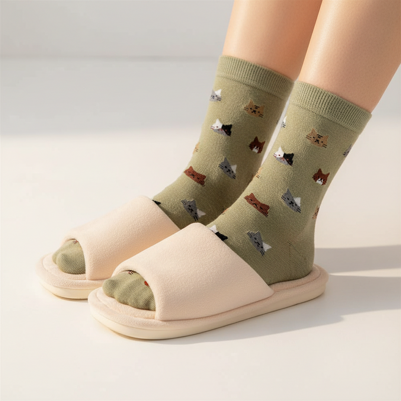 Anyfootwear 5 Pairs Size 5-9 Fashion Socks Thick Warm Cotton Cute Cartoon Cat Animal Ankle Short Casual for Ladies Girls Christmas Gifts Green