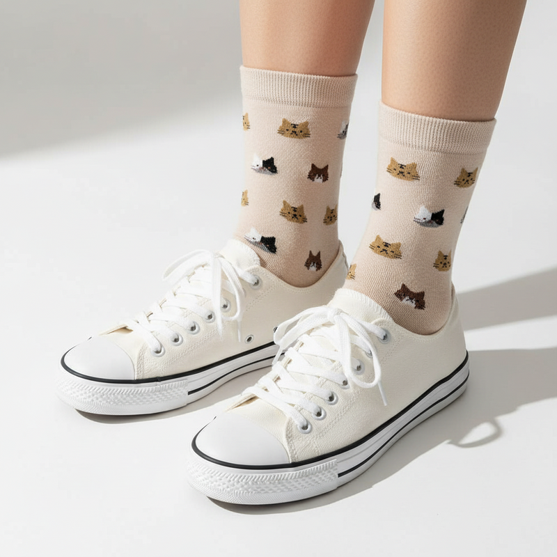 Anyfootwear 5 Pairs Size 5-9 Fashion Socks Thick Warm Cotton Cute Cartoon Cat Animal Ankle Short Casual for Ladies Girls Christmas Gifts Beige