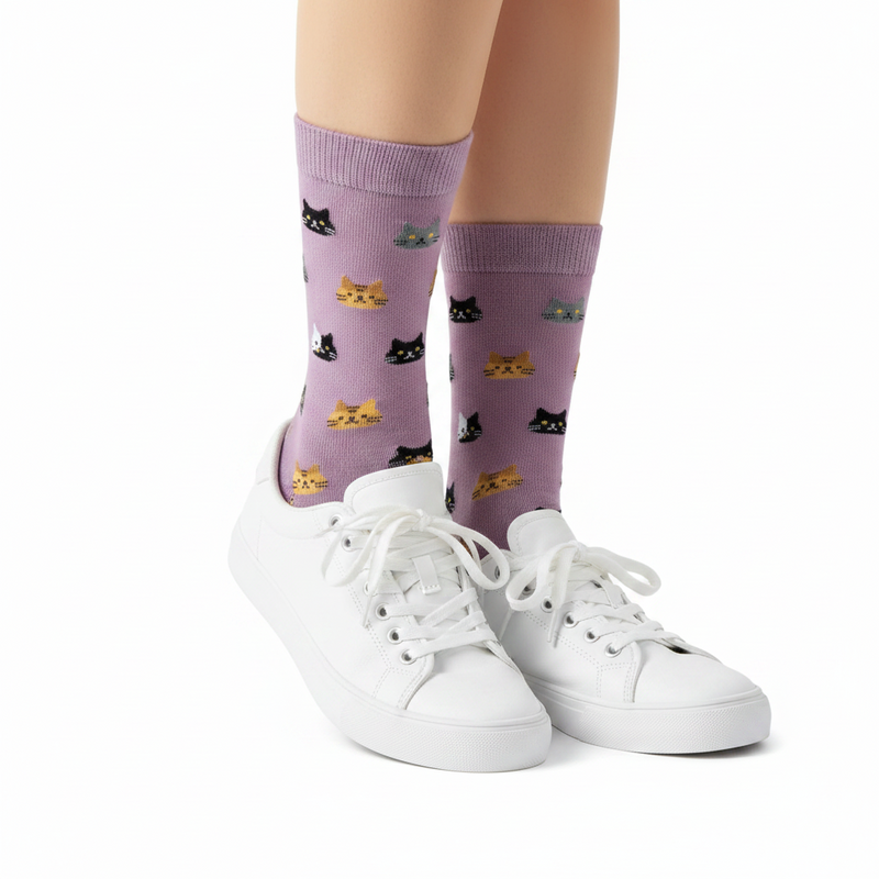 Anyfootwear 5 Pairs Size 5-9 Fashion Socks Thick Warm Cotton Cute Cartoon Cat Animal Ankle Short Casual for Ladies Girls Christmas Gifts Purple