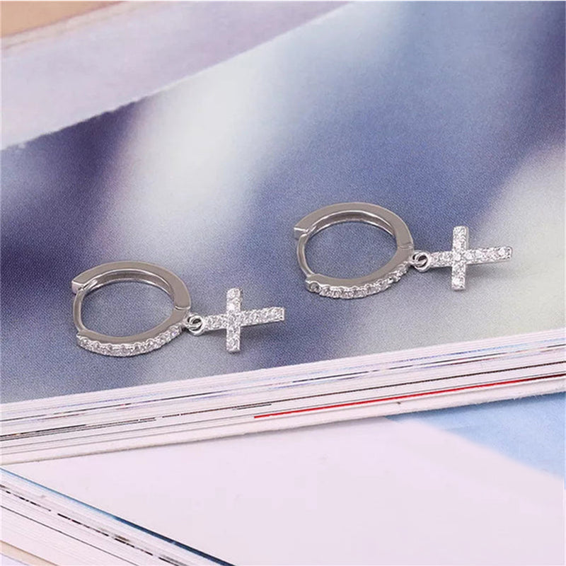 ANYCO Earrings Sterling Silver Trendy Geometric White Zircon Cross Stud For Women Teen Fashion Stylish Accessories Jewelry Gifts