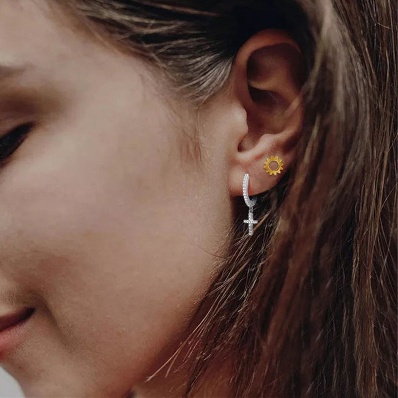 ANYCO Earrings Sterling Silver Trendy Geometric White Zircon Cross Stud For Women Teen Fashion Stylish Accessories Jewelry Gifts