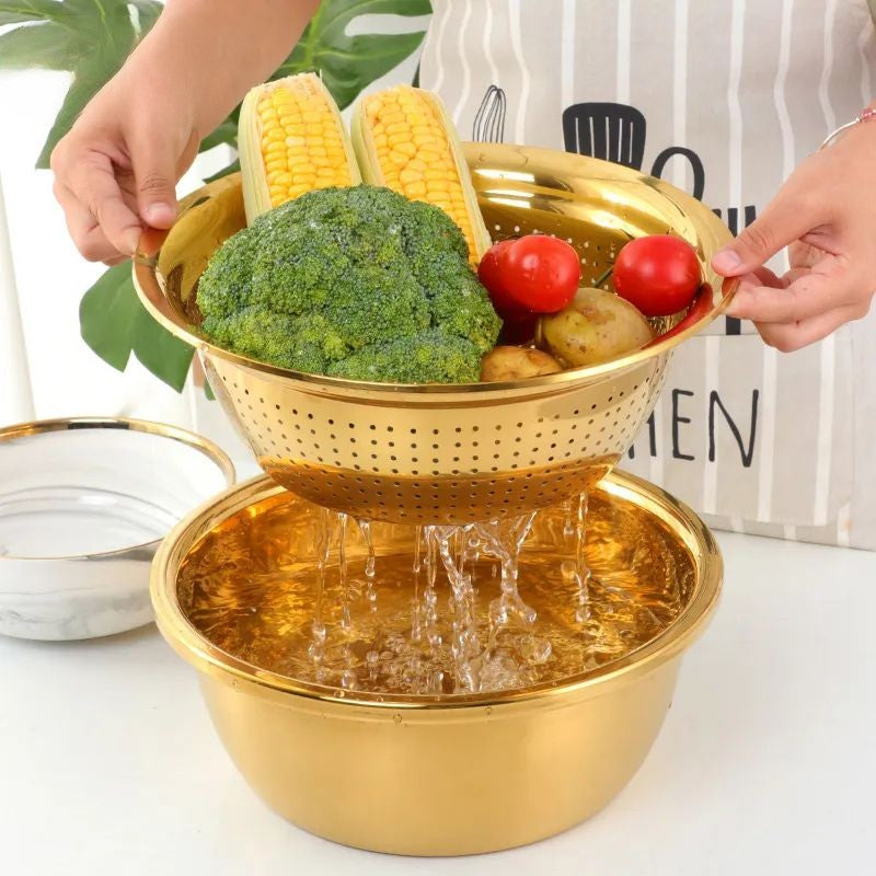 Anygleam Silver Stainless Steel Basket Strainer Bowl with Vegetable Cutter/ Slicer for Buffet and Restaurant Kitchenware